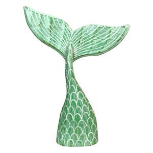 Turquoise Wood Mermaid Tail Sculpture 13.75" Coastal Table Decor Ocean Art
